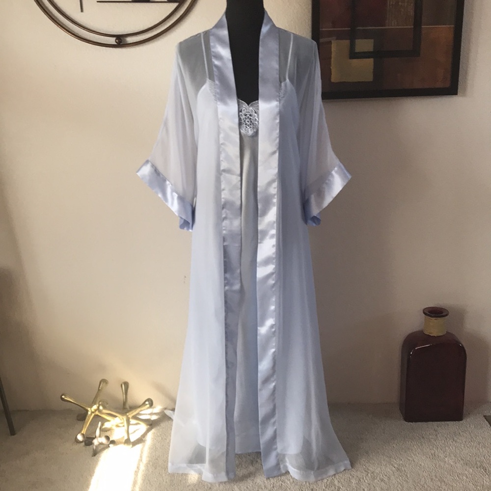 Mervyn’s Vintage Chiffon Satin Long Maxi Slip Dress Nightgown Robe Peignoir set